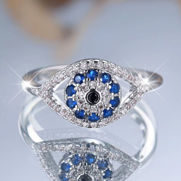 NEW 14k White Gold Blue Sapphire Evil Eye Diamond Ring - Picture 4 of 6